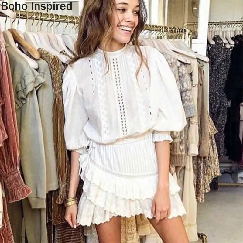 BOHO INSPIRED Lorelei tiered white party dress embroidery ruffle dress women O-neck lantern sleeve mini cotton boho dress