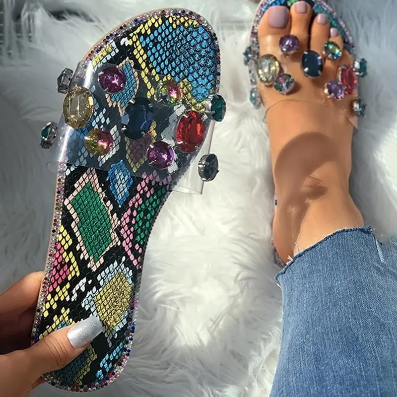 

Summer Slippers Women Shoes Open Toe Transparent Sandals Shoes Woman Slides Rhinestones Snake Slip-On Sandals Slide Ladies Shoes
