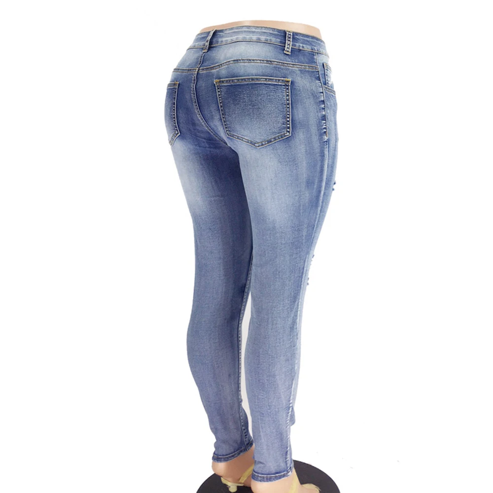 

Ripped Jeans for Women Blue Denim Jeans Holes Pockets Bodycon Pencil Pants Plus Size Zipper Fly Streetwear