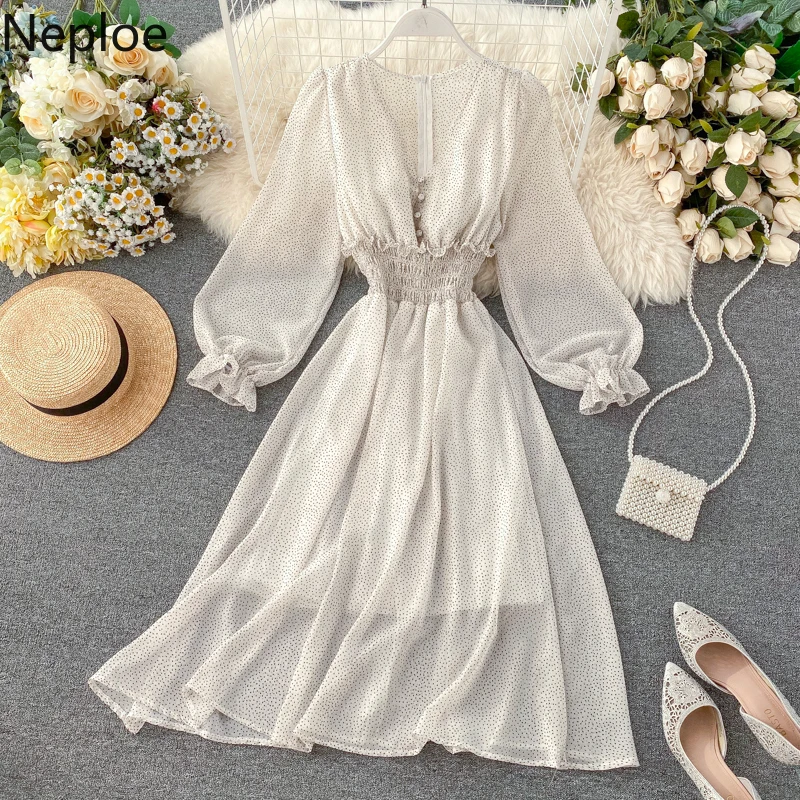 Женское шифоновое платье в горошек с v образным вырезом и высокой талией