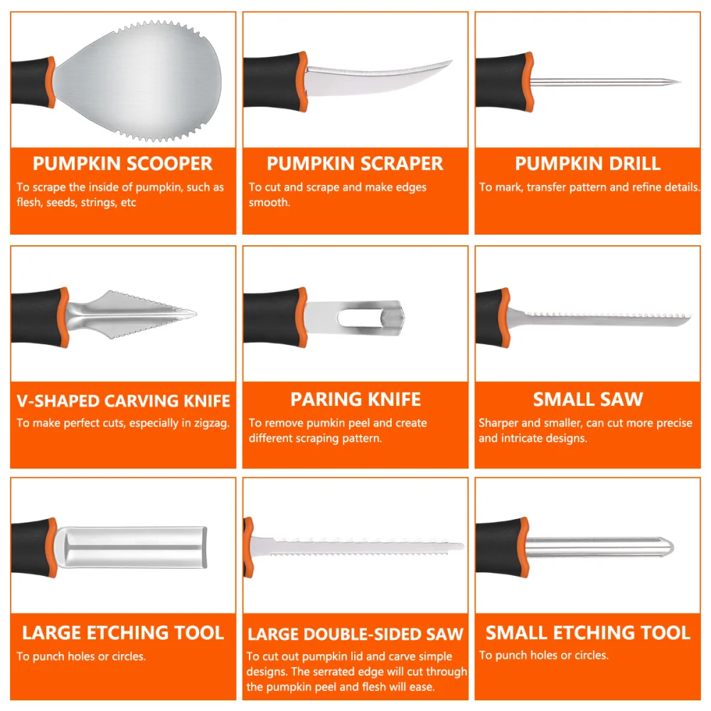 

PRETYZOOM 9PCS Pumpkin Carving Kit Pumpkin Lantern Carving Tools Stainless Steel Jack O' Lantern Making Tools