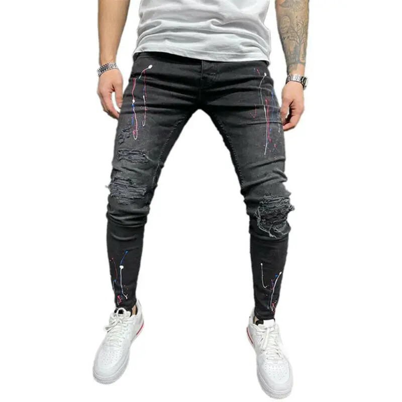 Мужчины в дырочку зауженные искусственно состаренные джинсы подходят джинсовые