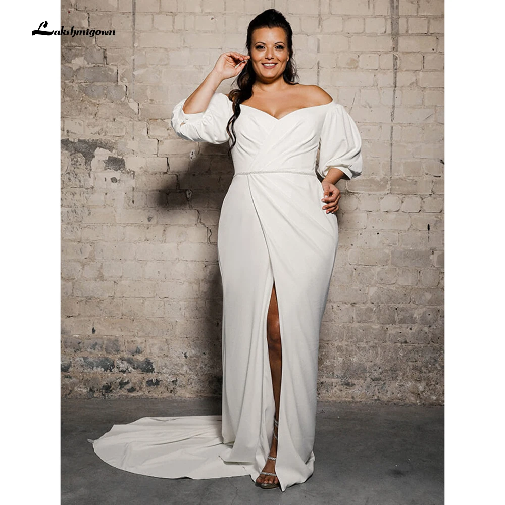 

Elegant Plus Size Split Wedding Dresses V-neck Cap Sleeves Robe de Mariage Sweep Train Open Back Satin Bridal Gown