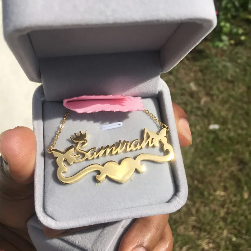 Индивидуальное ожерелье с радужной короной бабочкой именем сердца Женская