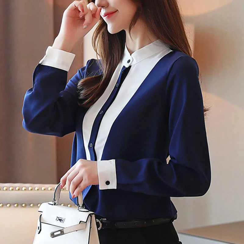 Офисные женские рубашки Модные шифоновые блузки с длинным рукавом воротником