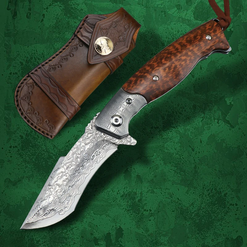 

VG10 Damascus Steel Snake Wooden Handle Tactical Folding Knife with Sheath Outdoor Camping Hunting Portable EDC Survival Tool