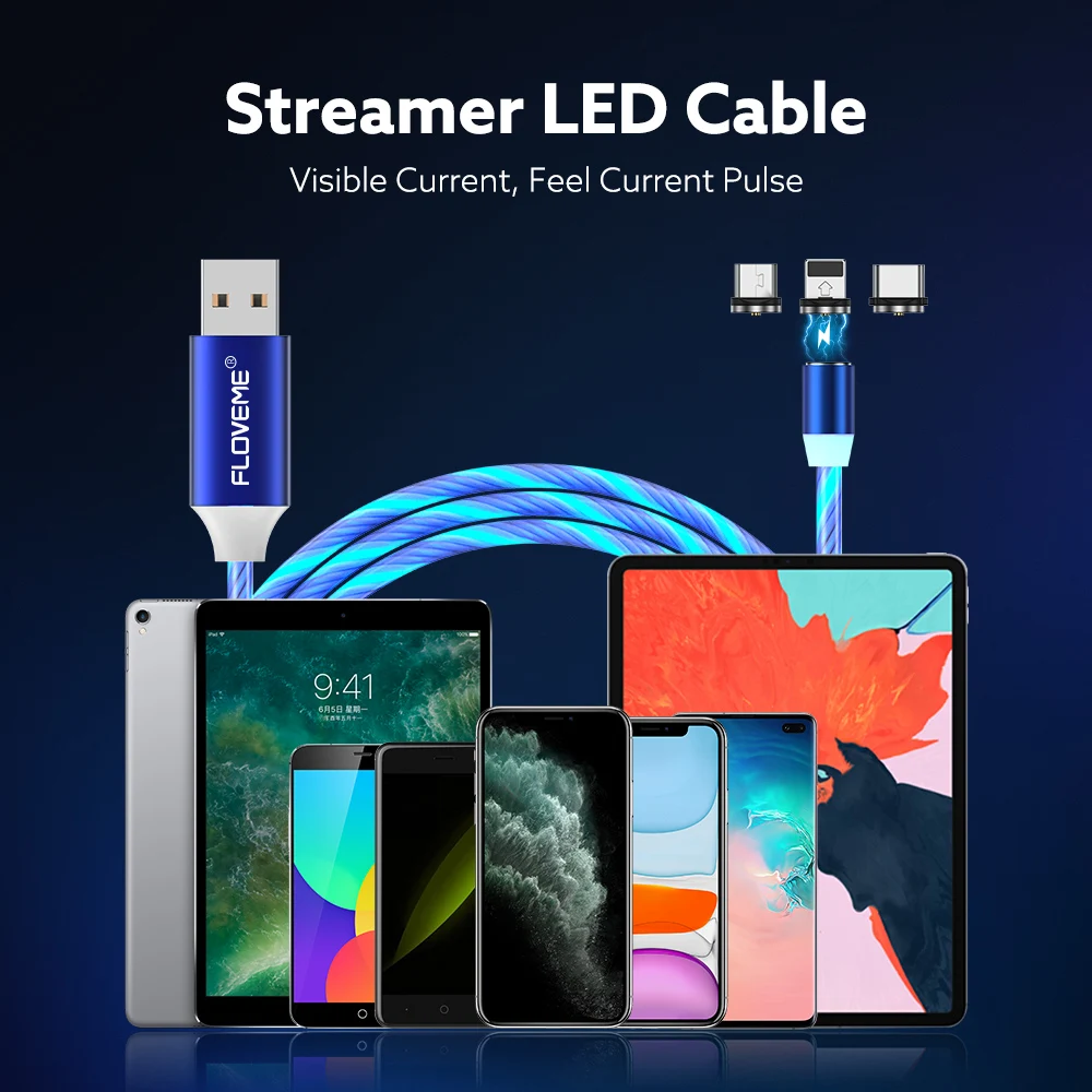 Магнитный зарядный кабель FLOVEME со светодиодной подсветкой Micro USB Type-C для iPhone Samsung