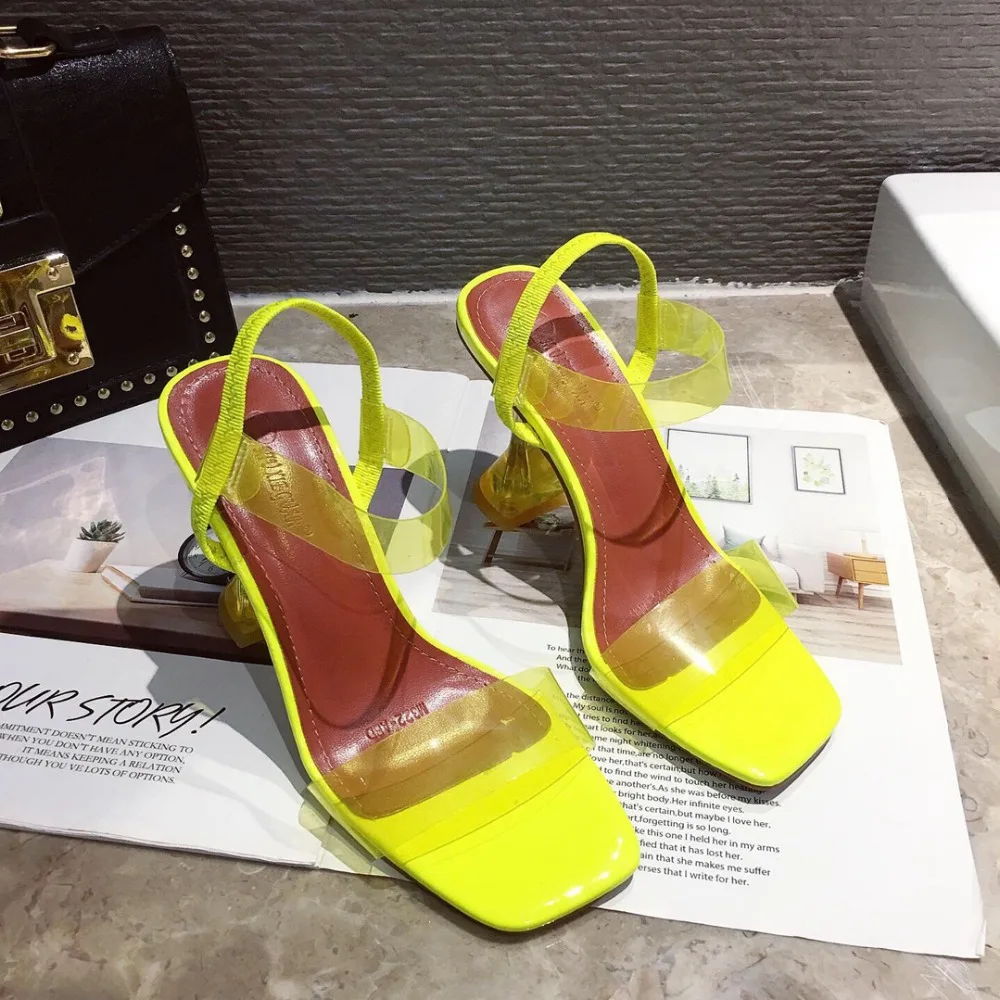 Bellinsley White Yellow PVC Jelly Sandals Crystal Open Toe Perspex Spike High Heels Transparent Heel Sandals Slippers 9CM Pumps