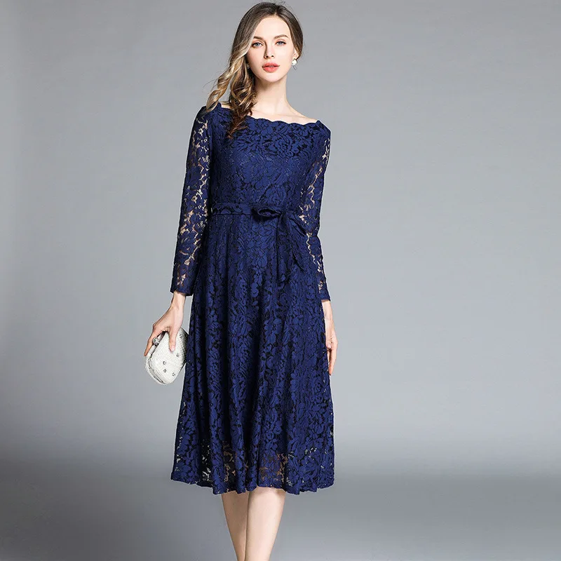 Новинка 2020 весеннее платье женское с длинным рукавом миди вечерние синее офисное