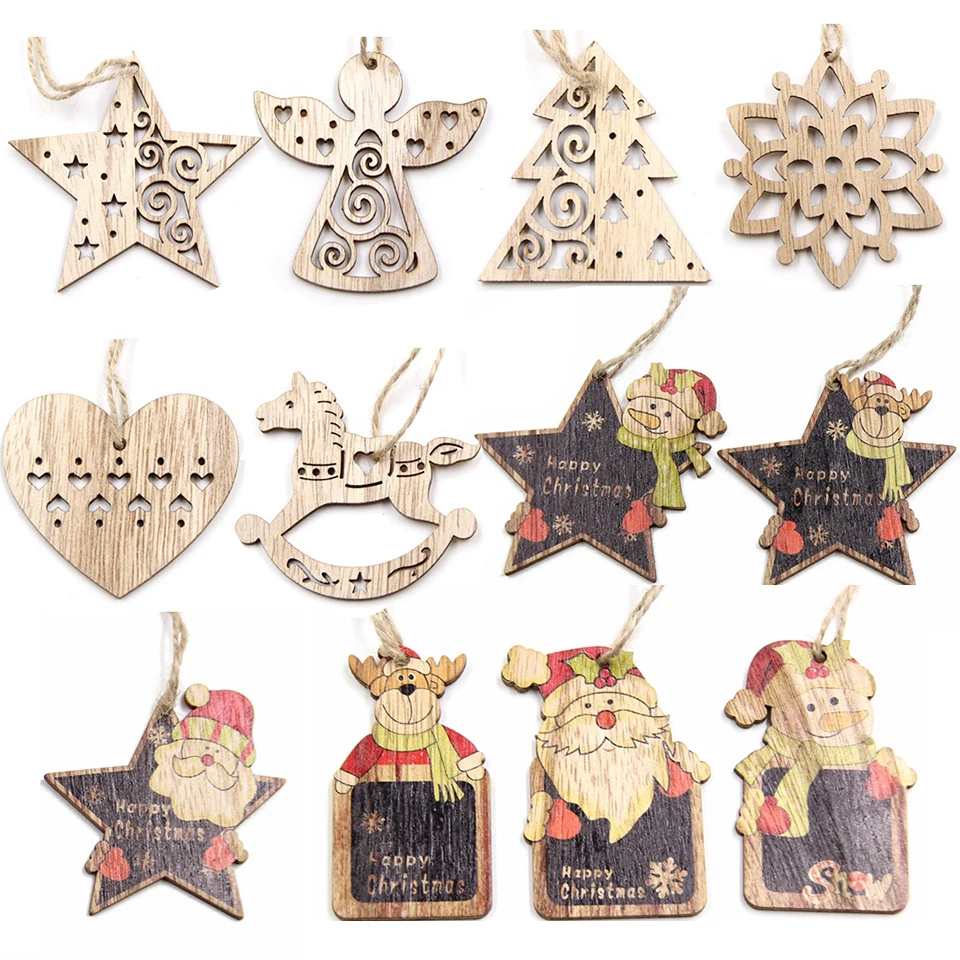 

6PCS Hollow Christmas Snowflakes Pendants Wooden Tree Ornaments for Xmas Tree Hanging DIY Christmas Party Decorations Kids Gift