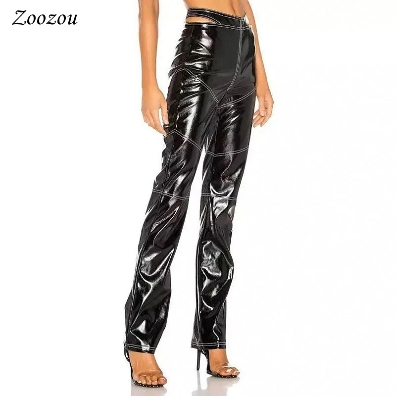 Ins Waist Hollow Out PU Leather Straight Pants Women Autumn Winter Warm Soft Loose Trouser Ladies Casual Slim Faux Leather Pants