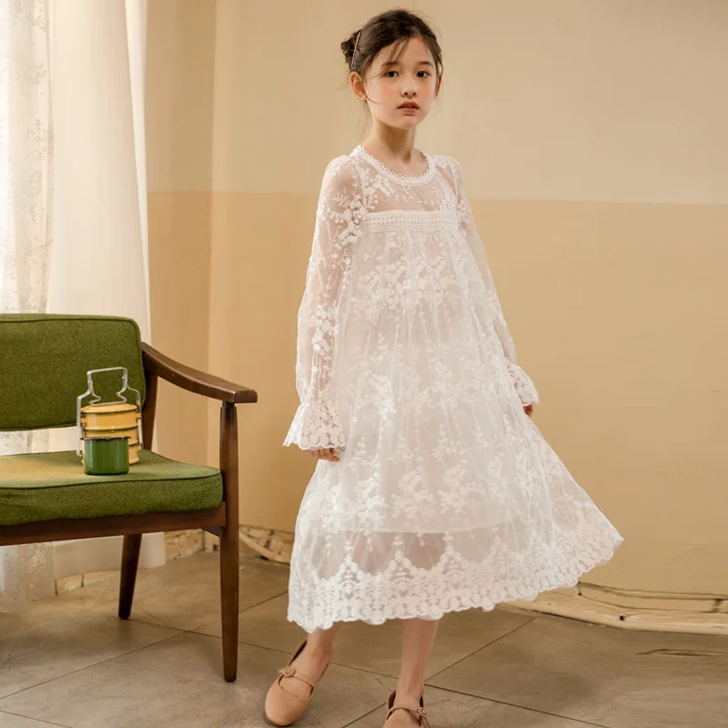 

Children Girls Korean style Long Sleeve Lace Dress 8 10 12 years 2021 New White Party Wedding Dresses