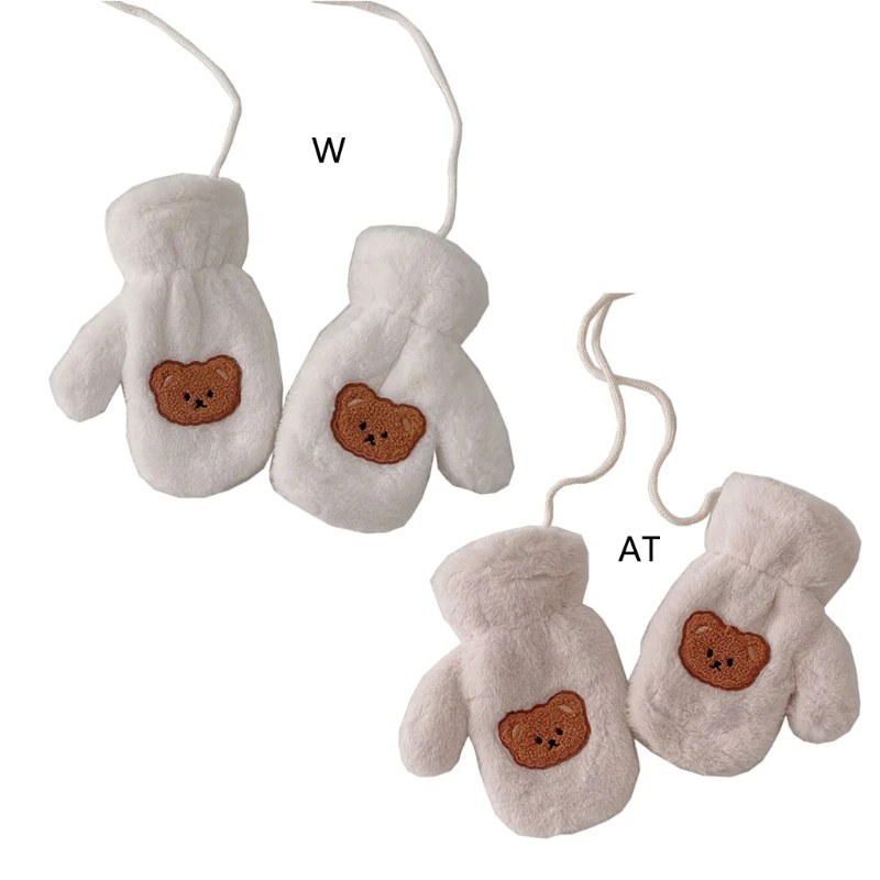 

Детские зимние варежки Q81A с мультяшным рисунком, со шнурком, плотные плюшевые теплые перчатки с закрытыми пальцами