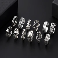 vintage silver color metal rings set for women chain heart lover opening couple rings punk hip hop fashion jewelry party gifts