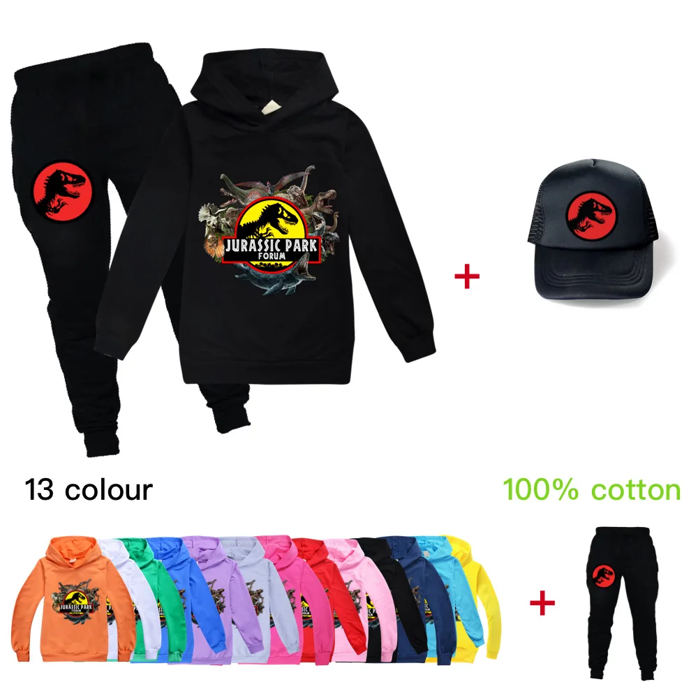 New dinosaur print jurassic park hoodies+pants two-piece suit boys clothes sweatshirts winter kids top girls sport outfit+Sunhat