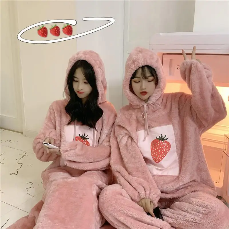 Cute hooded Korean version the pajamas female autumn and winter loose can be worn outside the home furnishing pajamas thickened