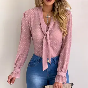 Женская блузка с v-образным вырезом и длинным рукавом в стиле бохо, Модный женский топ в горошек, Прозрачная Футболка с пуговицами, повседневные свободные топы, 2019