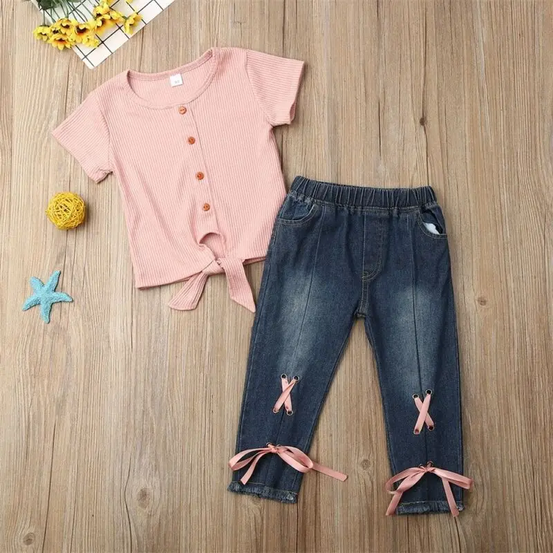 Модные комплекты одежды Emmababy для маленьких девочек 2 шт. рубашка топ джинсовые