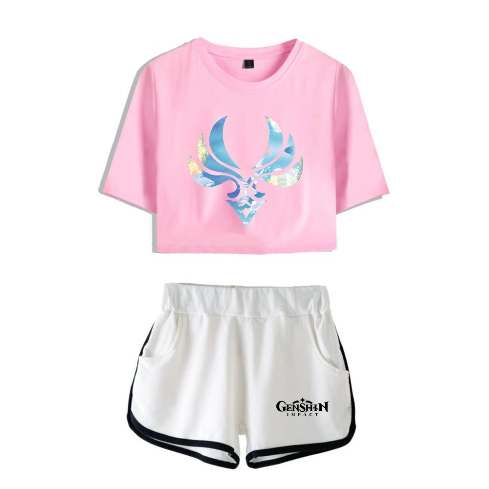 

Novelty game genshin impact harvest t shirt shorts summer woman / girls two-piece set cos figure [put clothes zhongli costume