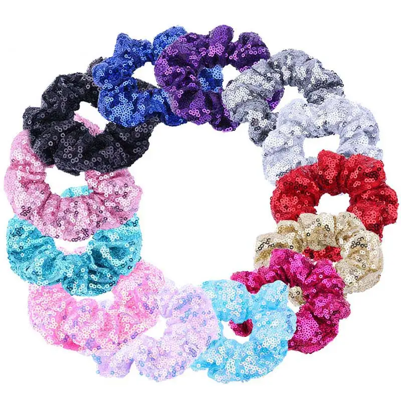 

10Pcs/lot New Fashion Women Girls Solid Sequin Hair Bands Vintage Hair Scrunchies Girls Hair Tie Accessories Ponytail Holder