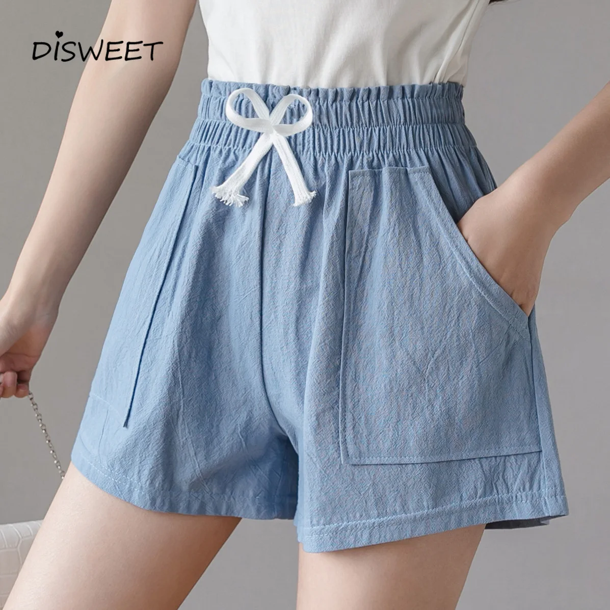 

Простые однотонные женские шорты с высокой талией, повседневные свободные шорты на шнуровке с большими карманами, женские летние облегающи...