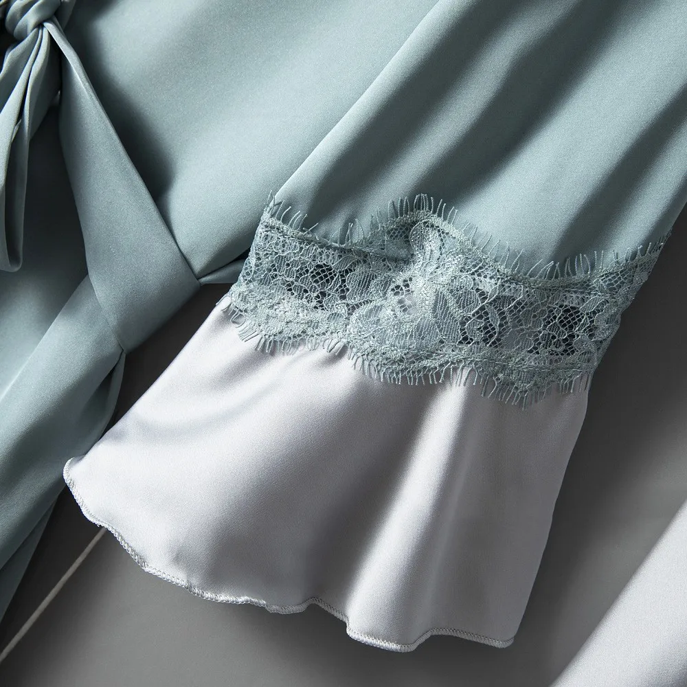 

Satin Faux Silk Robe Set Women Sleepwear Sexy Bridal Wedding Gift Kimono Gown Lace Patchwork Nightwear Wedding Party Loungewear