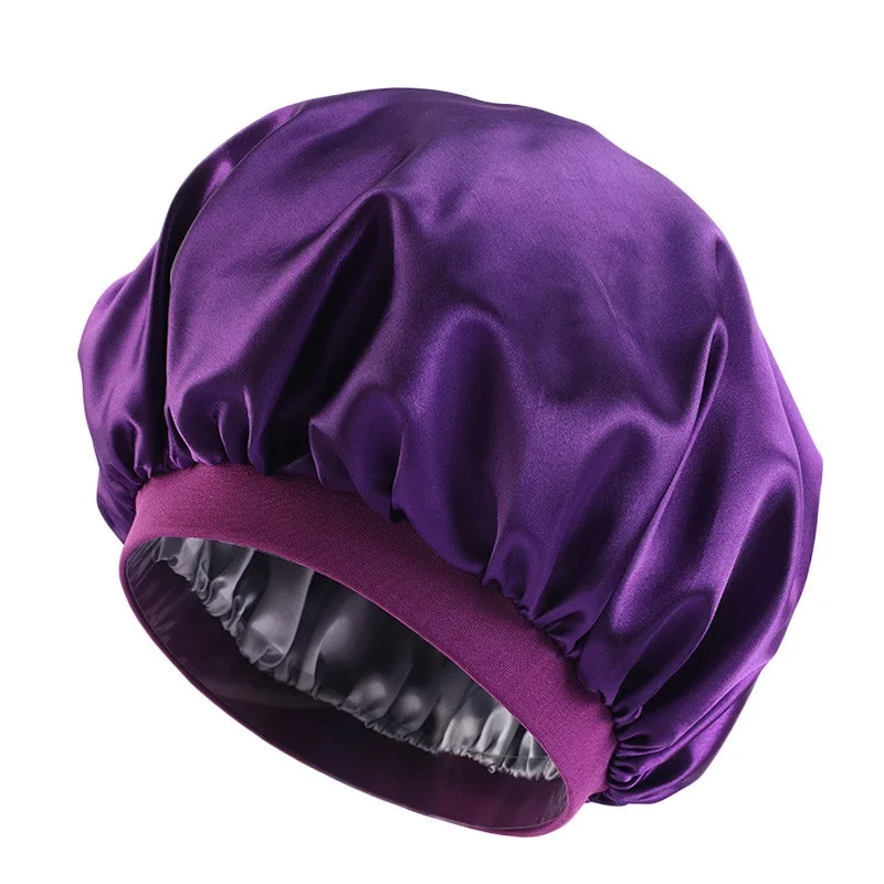 

big size double layer Satin solid color nightcap elastic wide brimmed headtie