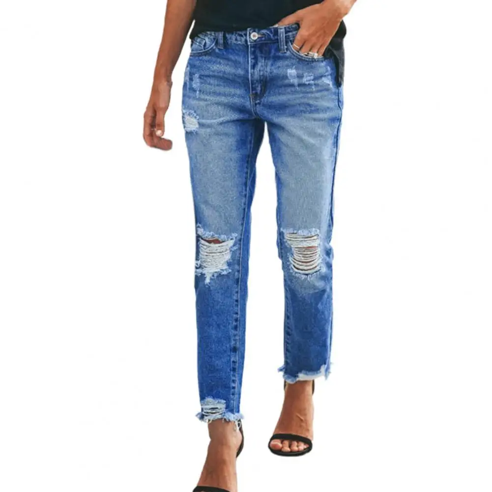 

2021 Popular Women'S Jeans/Pants High Wais Ripped Tassels Pockets Summer Solid Color Ripped Knees Distressed Trousers Streetwear