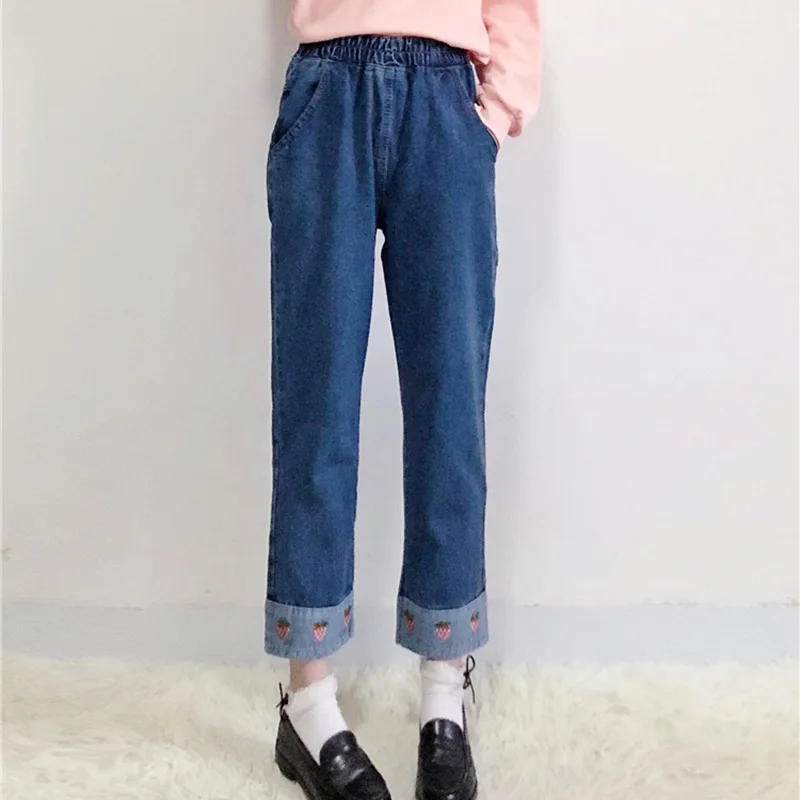 Jeans Women Strawberry Embroidery Kawaii Pockets Ankle-length Elastic Waist Girls Denim Simple All-match Korean Style Student images - 6