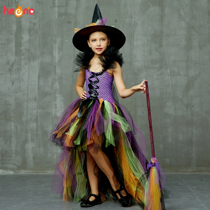 Vestido de tutú de bruja de Halloween para niñas, traje de tul de arco iris para fiesta de Cosplay de carnaval, vestido de baile de lujo para niños