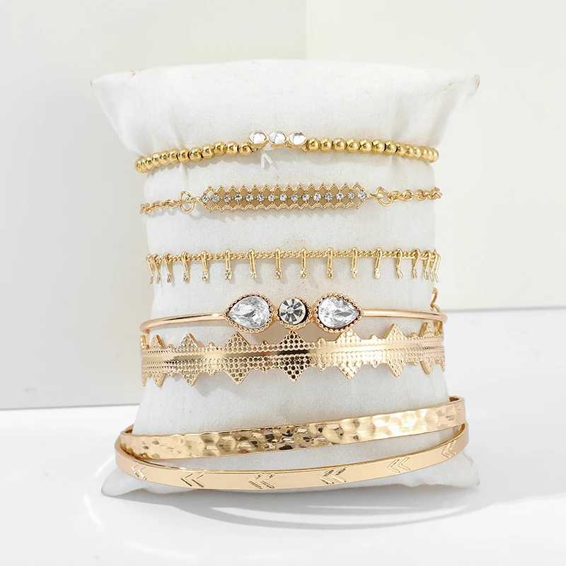 Tocona 7pcs/sets Clear Water Drop Crystal Stone Ladies Bracelets Gold Chain Cuff Bangle for Women Jewelry Wholesale 9168 | Украшения и