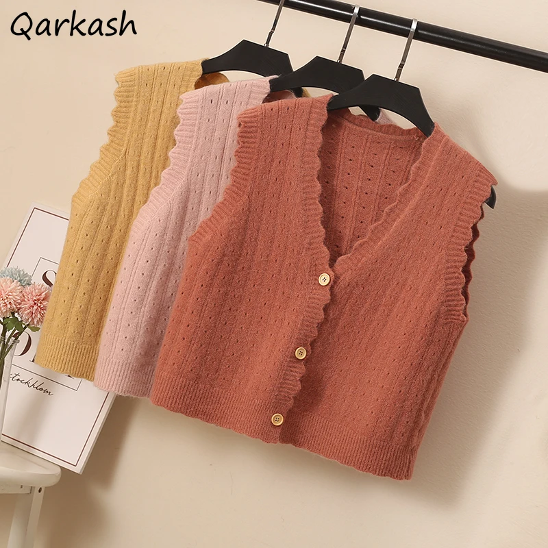 

Женский свитер, жилеты с V-образным вырезом, однотонные ажурные милые свитера с волнистыми краями, универсальные Новые повседневные укороче...