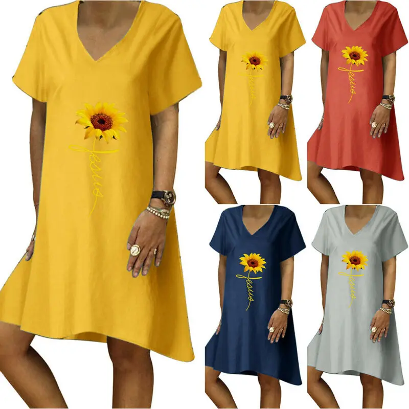

Women V-Neck Short Sleeve Sunflower Print Shirt Dress Ladies Summer Sun Dresses