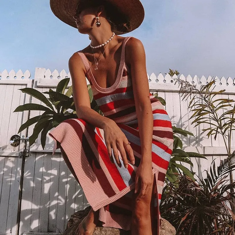 2019 Summer Women Sexy Rainbow Stripe Maxi Dress Female Knitted Split Holiday Long O-Neck Strap Beach | Женская одежда
