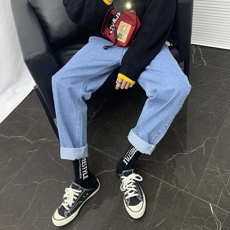 Blue Black Drawstring Jeans Men Fashion Washed Casual Jean Pants Men Streetwear Loose Hip Hop Straight Denim Trousers Mens M-4XL