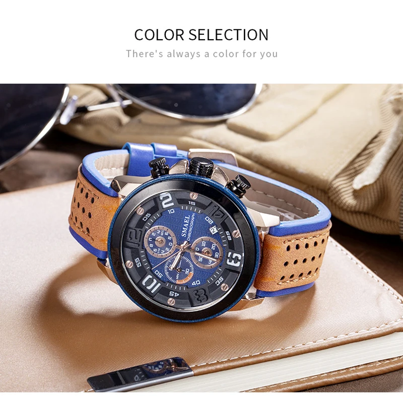 Мужские водонепроницаемые кварцевые часы с хронографом и кожаным