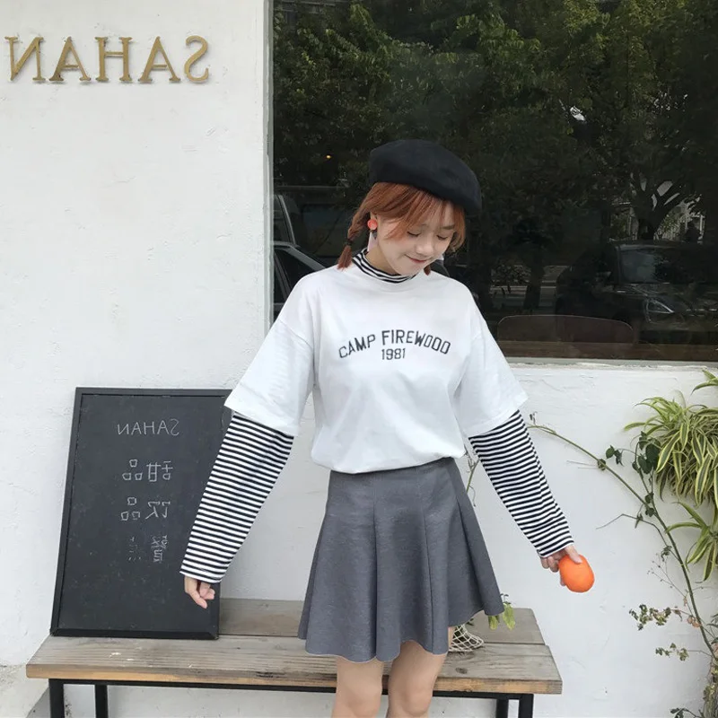 LERFEY Women T-shirts Tunic Korean Harajuku Vintage Striped Long Sleeve T-shirt Female Ulzzang Patchwork Tees Casual Loose Tops | Женская