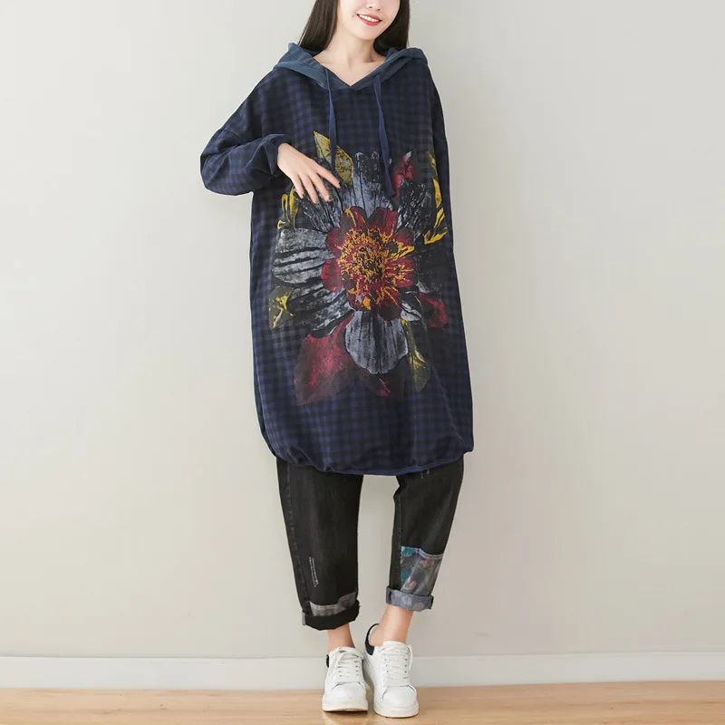 

Women's plus size sweater autumn new style literary plus size pullover hooded dress plaid print mid-length round collar sweater