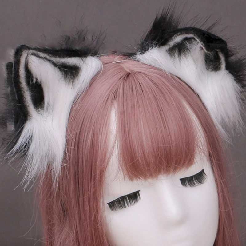 

Furry Plush Foldable Wolf Cat Ears Headband Contrast Color Simutation Animal Hair Hoop Japanese Kawaii Cosplay Headpiece