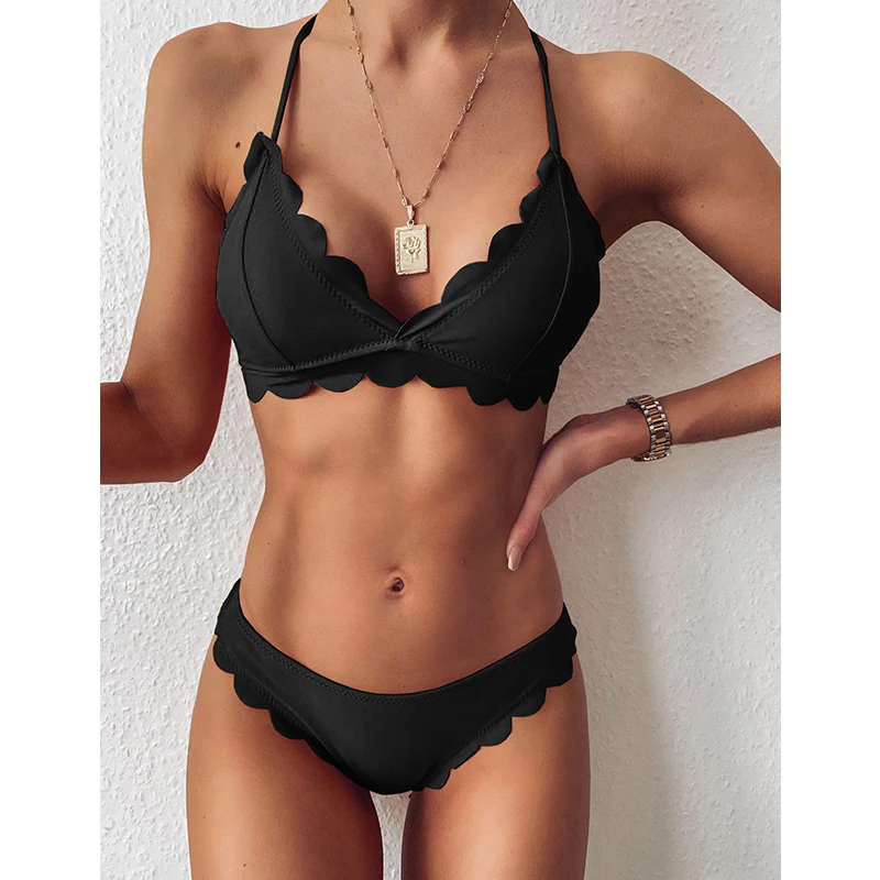 

Halter women's swimsuit solid Triangle sexy bikini set String ruffle bikini Push up sport swimwear 2020 Frill black bathing suit