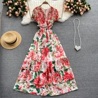 flower series holiday dress 2021 new summer dress goddess fan temperament v neck slim long chiffon skirt