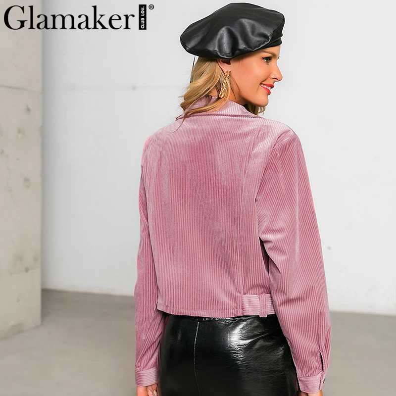Glamaker вельветовое розовое повседневное пальто для женщин зима осень пояс Женская Базовая короткая куртка Дамская мода уличная куртка