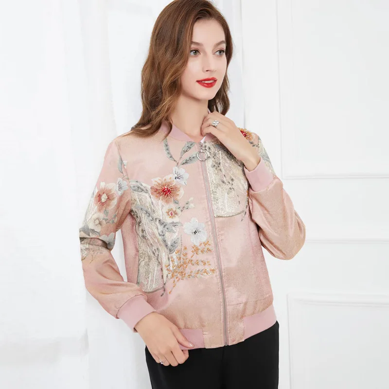 

2022 early spring new women's small stand-up collar heavy industry beaded pink age-reducing printing long-sleeved jacket top
