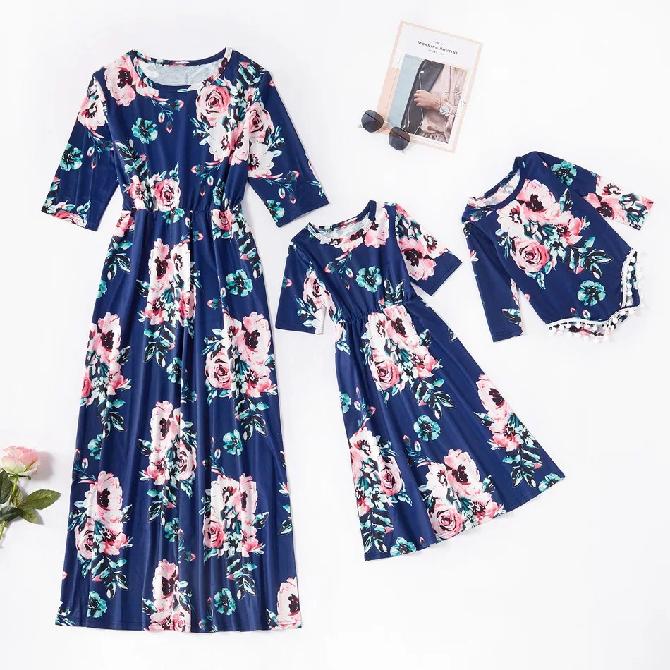 

New 2020 Summer Mother Daughter Dresses Half Sleeve Floral Print Maxi Dress Mom and Daughter Sundress Family Matching Clothes