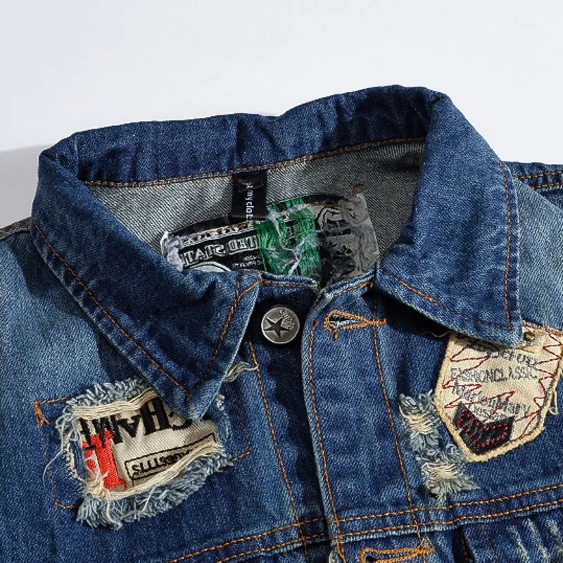 Модные мужские мото и платье из денима без рукавов рваные ленточки плетение