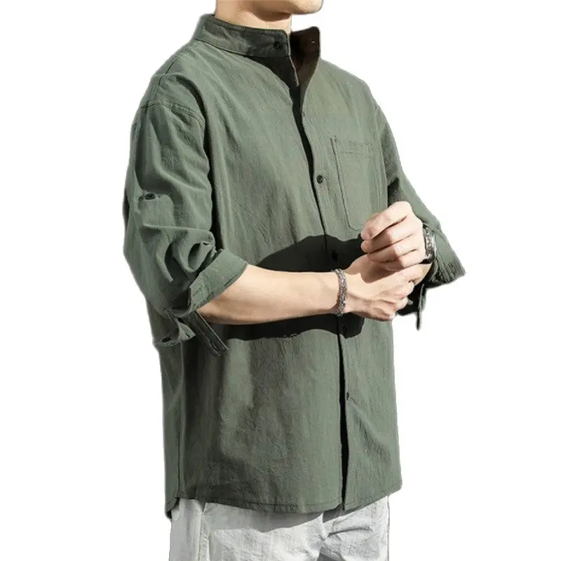 Linen Shirt Man 2021 Summer New Chinese style Men's Stand Collar Loose Large Size Thin Seven Minute Short Sleeve Shirt Man M-5XL