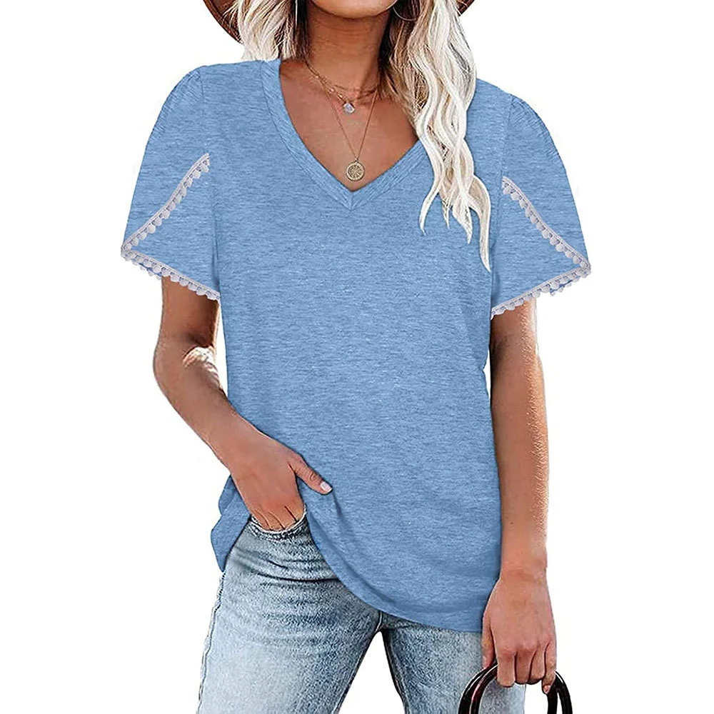 

2021 Summer New Women's Solid Color V-Neck Lace Petal Short Sleeve T-Shirt Ladies Fashion Casual Loose Streetwear Tee Shirt Tops