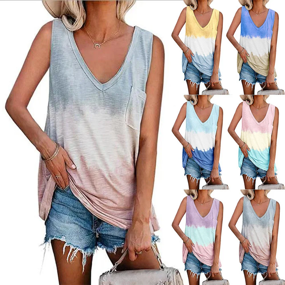 

Sleeveless Summer Women T-Shirt V Neck Color Block Fashion Casual Loose Pocket Female Tank Top Ladies Vest Streetwear Plus Size