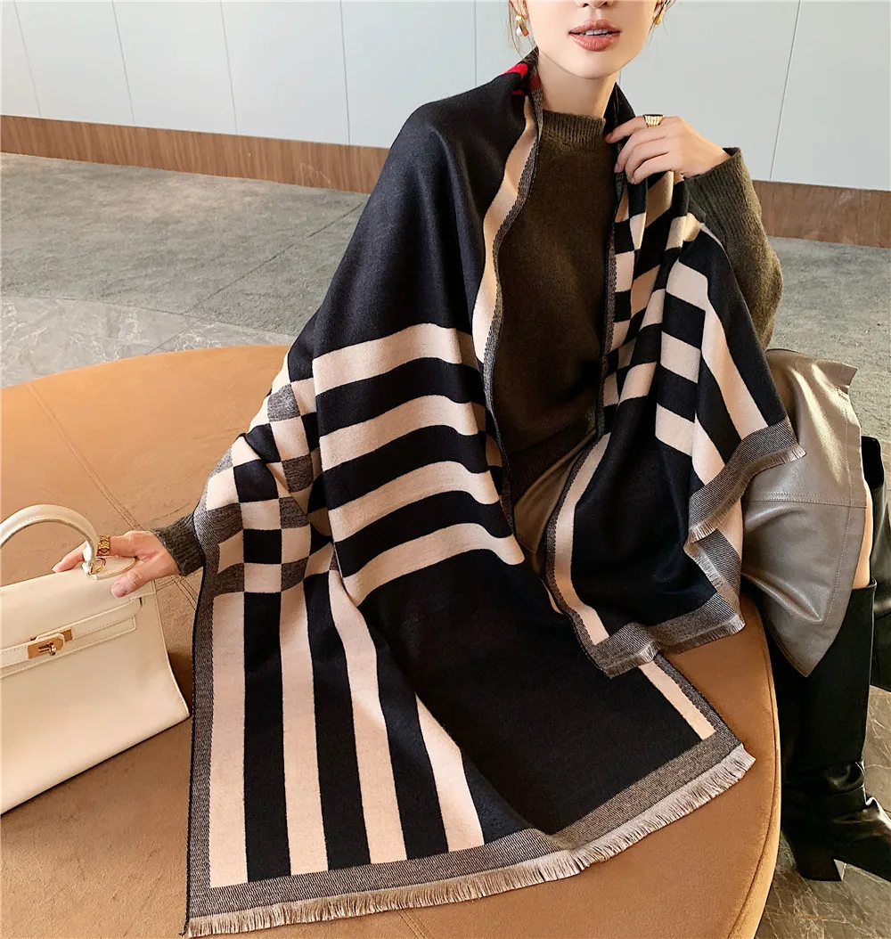 

VISROVER White Stripe woman winter scarf fashion female shawls cashmere handfeeling winter wraps stripe winter hijab scarf gift