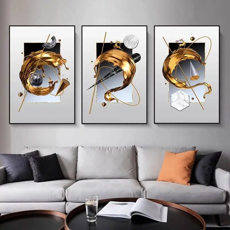 

3pcs Set Abstract Golden Geometric Canvas Painting Nordic Modern Posters And Prints For Living Room Home Decoration